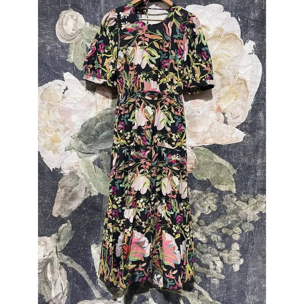 New Anthropologie x Condition Apply Floral Tiered Maxi Dress Puff Sleeves Sz MP - Picture 5 of 6